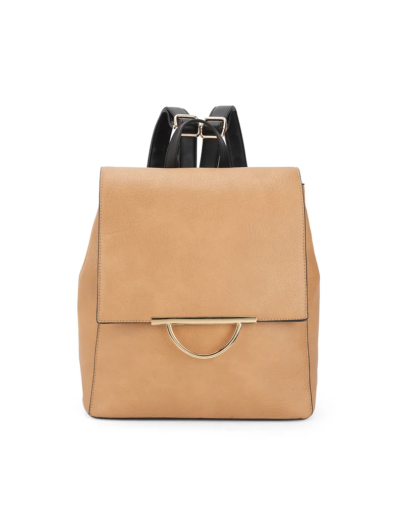 جلو باص Globus Women Tan Textured Metal Detail Contrast Yoke Style Strap Medium Backpack